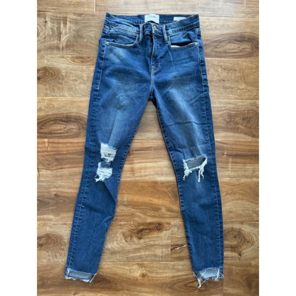 Frame Le High Skinny Distress Raw Step Hem Jeans in Woodbine Way- Size 26